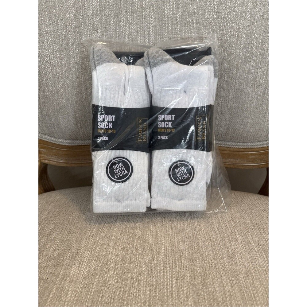 6 Pairs Men's White Solid Sports Crew Socks Cotton long size 10-13